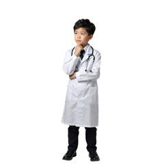 Young Asian boy in doctor's coat with stethoscope