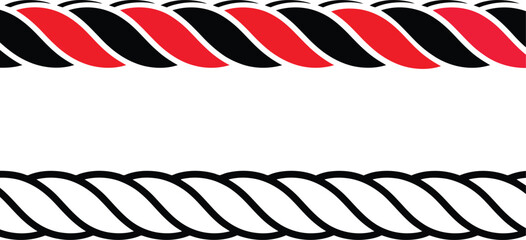 Obraz premium Vector rope border design featuring alternating red-black twist and solid black spiral strands on white background.