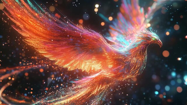 A bird with bright wings soars through a colorful space filled with glowing lights and patterns