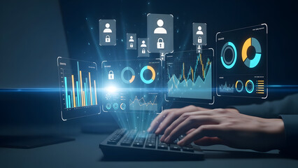 Person working on computer with advanced data security interface