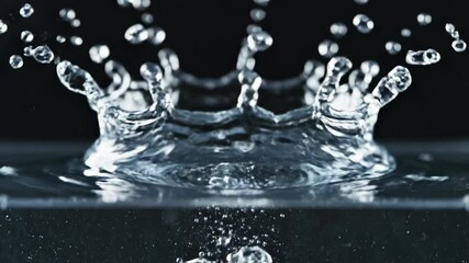 Extreme close-up slow motion shot of large clear water droplets falling and meeting precisely in mid-air, creating a perfect splash ripple splashing, liquid, harmony