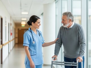 Obraz premium Nurse assisting elderly man with walker