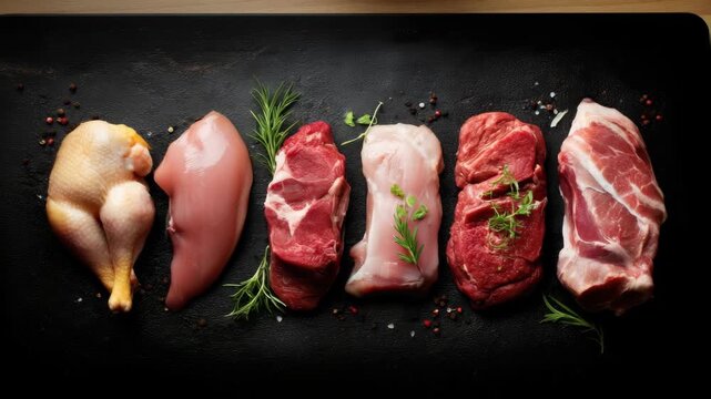 Different types of meat laid out on a black surface with herbs garnishing each piece