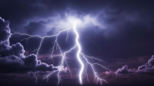 Dramatic lightning bolt illuminating dark cloudy sky during storm