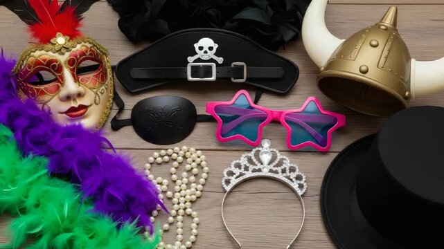 Carnival costume accessories flat lay in playful style, vibrant multicolor palette, masquerade party props concept