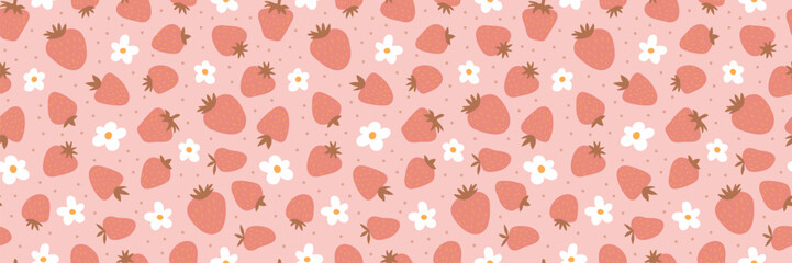 Seamless strawberry vector background with hand-drawn berries and flowers. Cute summer print for fabric, posters, or trendy fashion projects. Vibrant pink and red pattern design.