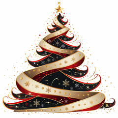Elegant Christmas Tree Vector Illustration with Red, Gold, and Black Ribbons and Ornaments