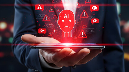 Businessman interacting with AI warning signs on smartphone