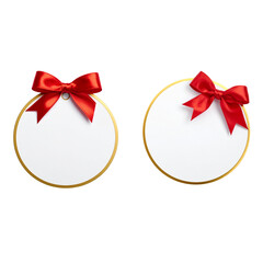 An empty tag adorns a gift box tied with a dark red ribbon and bow on a white background