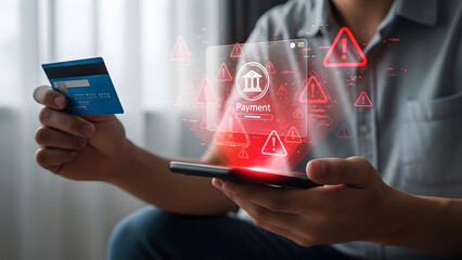 Man holding smartphone with payment warning signs and credit card
