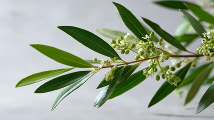 Close-up of green olive branch with leaves and buds on light background