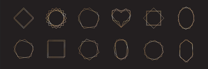 Elegant golden geometric frame with luxury design on black background. Premium border template for wedding invitations, certificates, or decorative art with refined gold line details.