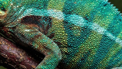 Detailed Close-Up Of A Green And Teal Chameleon Skin Texture On A Branch