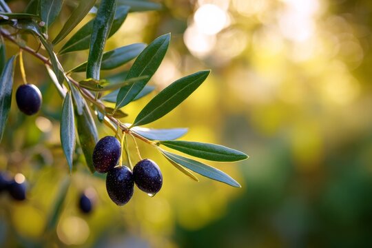 Ripe black olives on branch against sunlit background - Powered by Adobe