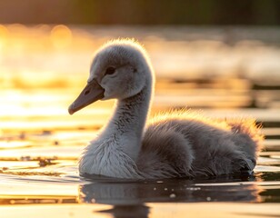 Fototapeta premium A fluffy, young bird floats serenely on the water, back-lit by golden sunlight, creating a soft, warm ambiance