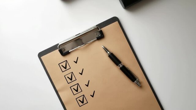 Checklist and pen on a clipboard as tasks are marked off in a workspace