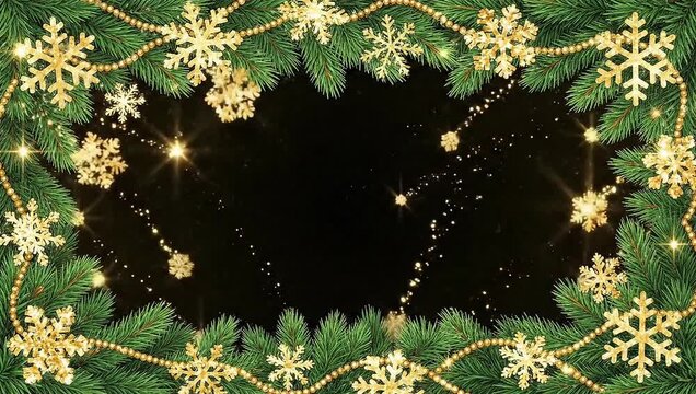 Golden snowflakes and pine branches forming a festive border