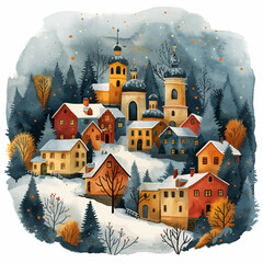 Cozy Winter Village Scene Vector Illustration for Holiday Designs