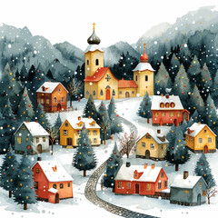 Charming Snowy Village Vector Illustration with Festive Christmas Trees