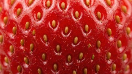 Extreme Close Up Of A Red Strawberry Showing Seed Texture And Bumpy Surface With Natural Lighting