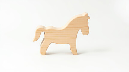 Minimal wooden toy horse made of natural light wood, isolated on white background. Simple child toy with smooth texture, neutral color, eco friendly concept