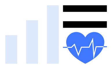 Vertical bar chart adjacent to a blue heart with a heartbeat line and two horizontal lines. Ideal for health tech, fitness, statistics, monitoring, data analysis, reports, wellness. Simple flat