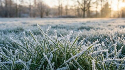 Frosted Grass Blades in Golden Morning Sunlight Backlit Trees in Winter Field