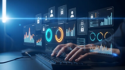 Person interacting with futuristic data visualization dashboard on computer