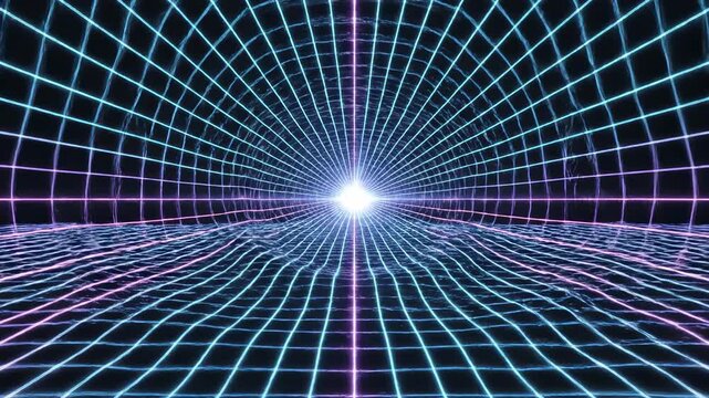 Glowing abstract geometric grid pulsing outward from a central white light source creating repeating radial ripples in pitch black darkness radial ripples, abstract design, clean animation