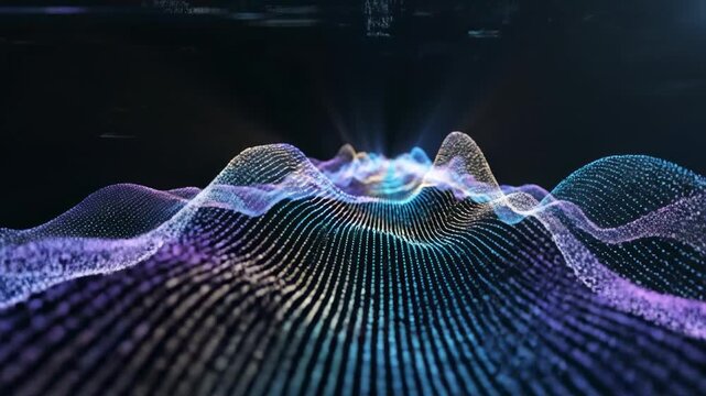Glowing volumetric data stream forming rhythmic sine waves that flow continually through dark 3D space stream, visualization, connection