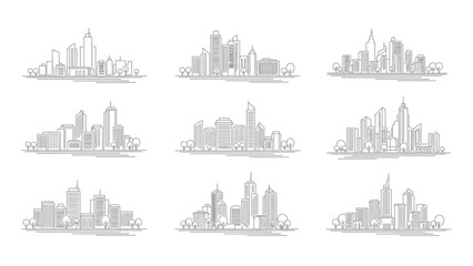 Fototapeta premium Collection of minimalist line art cityscapes, showcasing modern urban skylines with diverse architectural styles