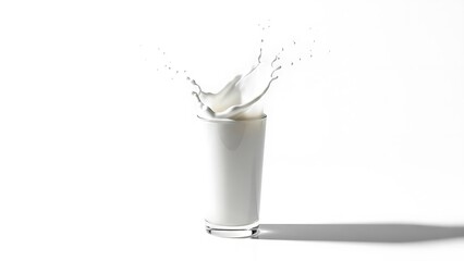 A Tall Glass of Chilled Fresh White Milk with Ice Cubes and a Small Spill on White Background