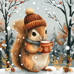 Cute Winter Squirrel Holding a Hot Chocolate Mug Vector Illustration