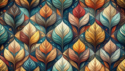 A mesmerizing mosaic showcasing stylized leaf forms, exhibiting a kaleidoscope of warm hues and cool blues in a repetitive geometric pattern