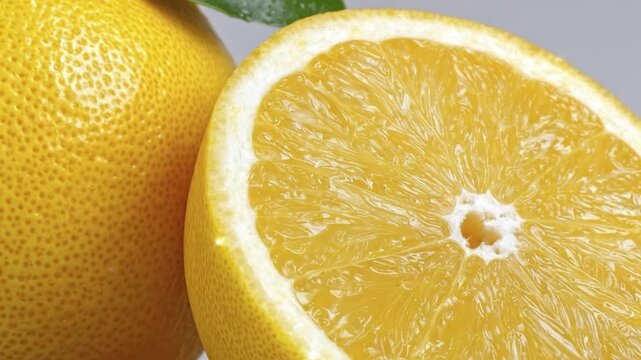 A vibrant close-up captures the fresh details of a juicy citrus fruit, with one half revealing its glistening, segmented interior alongside the textured peel of a whole fruit. A fresh green leaf with 