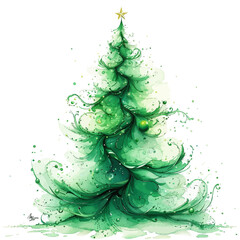 Whimsical Watercolor Christmas Tree Vector Illustration with Festive Sparkles and Ornaments