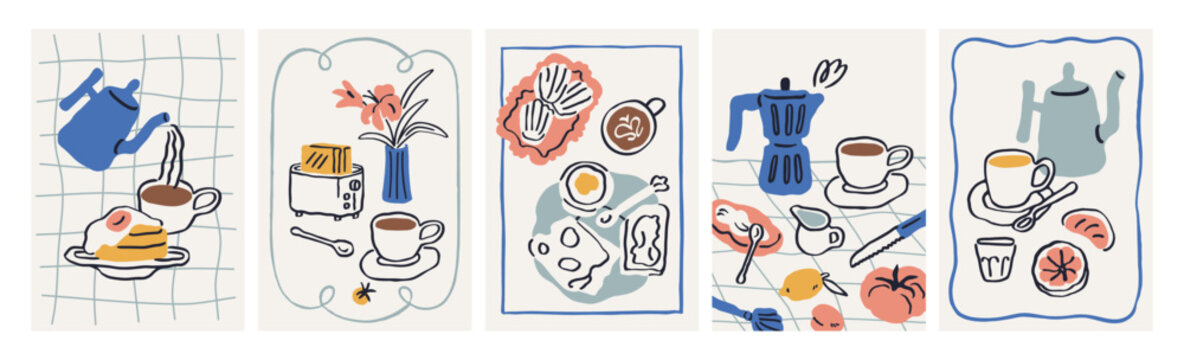 Breakfast poster designs set. Dolce vita Italian cards with food and drink, coffee cup, moka pot, pancakes, toasts, cheese, flowers. Cozy kitchen sketches in doodle style. Flat vector illustrations