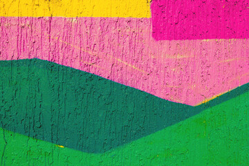 Colorful abstract geometric shapes in yellow, pink, dark green, bright green on textured background. Retro 80s, Y2K style, vibrant colors, bold shapes. Background pattern, digital art, creative banner