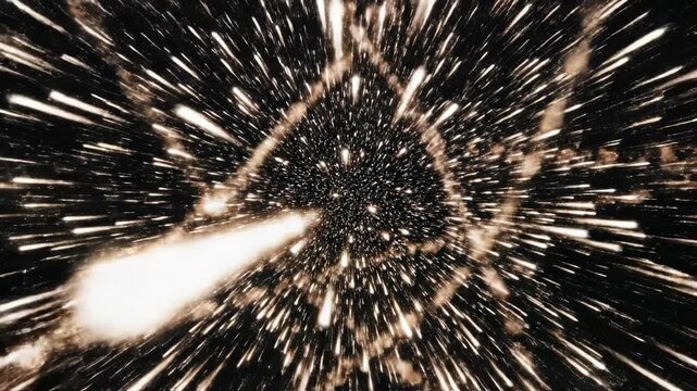 High speed trajectory of countless glowing white particles accelerating and leaving brilliant streaking light trails across a dark void light, dark void, motion