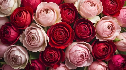 Vibrant bouquet of red and pink roses in full bloom