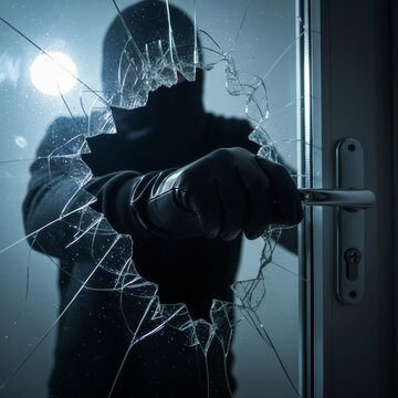 Masked burglar breaking glass door for illegal entry, security breach
