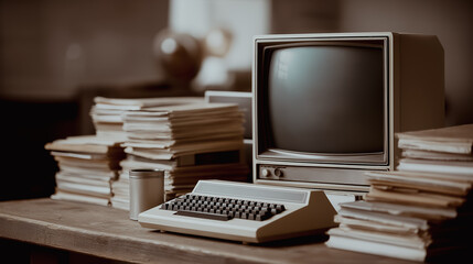 Vintage computer, a relic of a bygone era. Standing proudly amidst stacks of documents. a nostalgic scene capturing the essence of classic technology.
