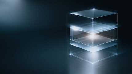 A modern futuristic abstract design of transparent cubes illuminated with glowing light. The cubes are arranged to resemble a data stack, representing data storage and digital technology.