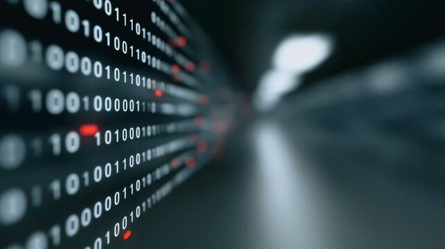 A dynamic, photorealistic digital tunnel with binary code rushing forward, symbolizing data flow. - Powered by Adobe