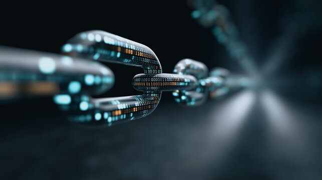 A striking macro view of a metallic chain, illustrating strength, connection, and the intricate links of a digital blockchain, with each link representing a node in the network.