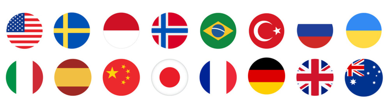 National flags icons set. World Flags of UK Germany USA Russia China France Brazil Jappan Isolated circle Flags Icons