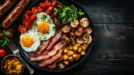 Breakfast plate with eggs, bacon, tomatoes, mushrooms, and sausage served on black dish
