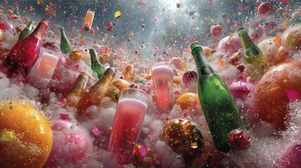 A dense wall of levitating party drinks, champagne bottles, and festive treats filling the entire frame