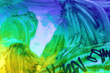 Abstract brushstroke painting - blue, green, yellow colors, graffiti elements. Modern 2000s, Y2K style, textured paint. Digital art, posters, modern 90s, 2000s, y2k creative banner, summer visuals.