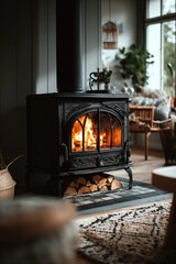 Warm fire glowing in a classic black wood stove in cozy room